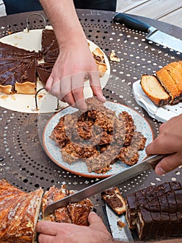 Delicious homemade cakes. Pies with chocolate and berries