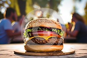 A delicious homemade cheese hamburger deluxe on a wooden park table, social gathering bbq at the park, generative ai