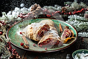 Delicious Homemade Cherry Pie. Sweet slices of cherry strudel Christmas decorated. winter dessert. Traditional Austria cuisine