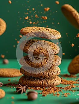 Delicious Homemade Chocolate Chip Cookies Stacked with Crumbs Falling Against a Vibrant Green Background photo