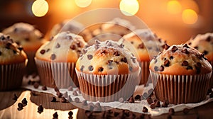 Delicious homemade chocolate chip muffins on defocused background with space for text placement