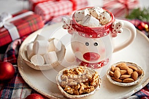 Delicious homemade christmas hot chocolate or cocoa with marshmellows