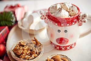 Delicious homemade christmas hot chocolate or cocoa with marshmellows