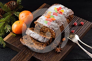 Delicious homemade fruit cake decorated with sugar icing and can