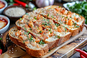 Delicious Homemade Garlic Shrimp Toast Appetizer on Wooden Board for Gourmet Snacking and Entertaining