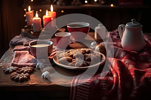 Delicious homemade cookies on a wooden table in cozy living room on Christmas evening. Celebrating winter holidays at home.
