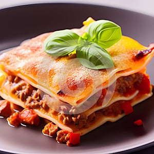 Delicious homemade Italian Lasagna, minced beef bolognese sauce, hot tasty Lasagna with cheese