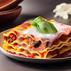 Delicious homemade Italian Lasagna, minced beef bolognese sauce, hot tasty Lasagna with cheese