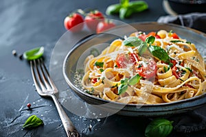 Delicious homemade Italian pasta with fresh tomatoes and basil