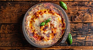 Delicious homemade lasagna served in a rustic clay dish photo