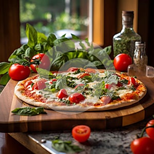 Margarita Pizza with Fresh Basil and Tomatoes on Wooden Peel photo