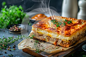 Delicious Homemade Meat and Potato Pie with Golden Crust on Rustic Kitchen Table Surrounded by Fresh Herbs and Spices