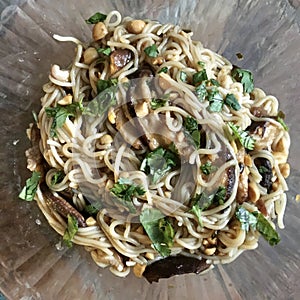 Delicious Homemade Noodle Cuisine on glass bowl