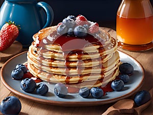 Delicious homemade pancakes with strawberries, blueberries and syrup on plate