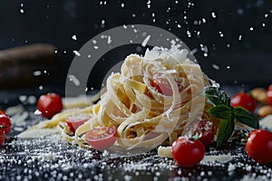 Delicious homemade pasta with fresh tomatoes and basil