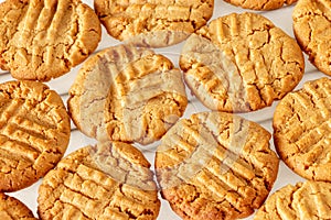 Delicious homemade peanut butter cookies on cooling rack. Cookies background. Healthy snack concept