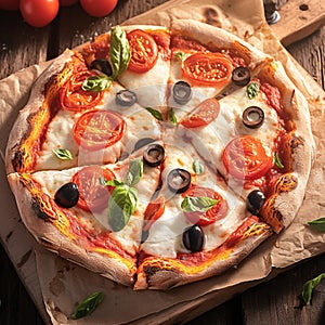 Delicious homemade pizza with a medley of tomatoes, mozzarella, olives, and basil