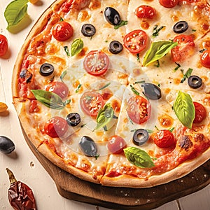 Delicious homemade pizza with a medley of tomatoes, mozzarella, olives, and basil