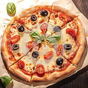 Delicious homemade pizza with a medley of tomatoes, mozzarella, olives, and basil