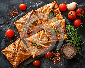 Delicious Homemade Puff Pastry Triangles with Seasoned Tomato and Garlic on Slate with Fresh Herbs, Spices, Top View