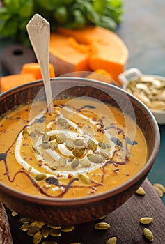 Delicious homemade pumpkin soup with seeds