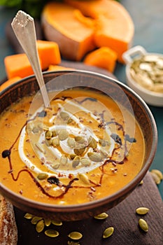 Delicious homemade pumpkin soup with seeds