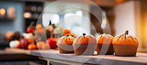 Delicious homemade pumpkin spice muffins on blurred background with copy space for text