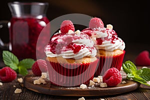 Delicious homemade raspberry muffins on blurred background with copy space for text placement