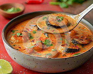 Delicious Homemade Shrimp Curry in Pan with Lime and Herbs on Red Background Traditional Seafood Cuisine Concept