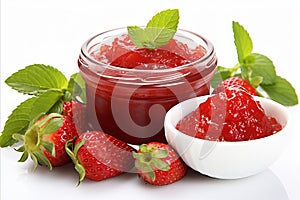 Delicious homemade strawberry jam in a glass jar, isolated on white background with copy space