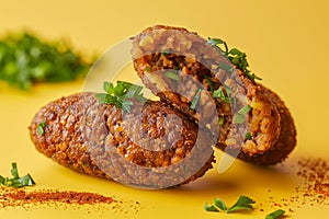 Delicious Homemade Stuffed Kibbeh with Minced Meat, Pine Nuts, and Spices on Yellow Background with Garnish