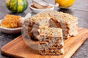 Delicious honey cake on a desk close-up