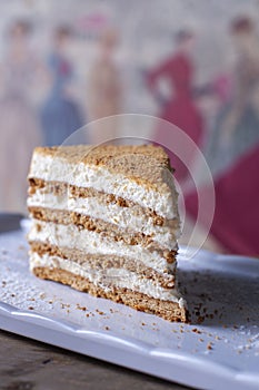 Delicious honey cake on white plate
