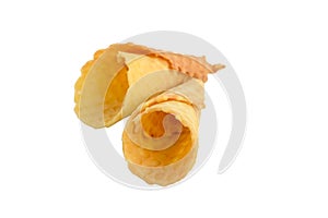 Delicious honeyed waffles, twisted into cones without stuffing isolated on white background