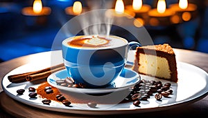 Delicious hot cup of coffee with cinnamon, coffee beans and cake, isolated on white background,