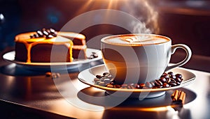 Delicious hot cup of coffee with cinnamon, coffee beans and cake, isolated on white background,