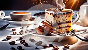 Delicious hot cup of coffee with cinnamon, coffee beans and cake, isolated on white background,