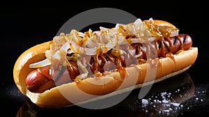 Delicious Hot Dog With Caramel Sauce And Sliced Onions