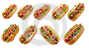 Delicious hot dog collection, cut out, isolated on transparent background.