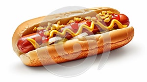 Delicious hot dog with ketchup and mustard isolated on background. Generative AI