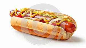 Delicious hot dog with ketchup and mustard isolated on background. Generative AI