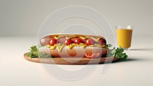 Delicious hot dog with ketchup and mustard isolated on background. Generative AI