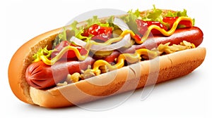 Delicious hot dog with ketchup and mustard isolated on background. Generative AI