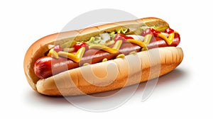 Delicious hot dog with ketchup and mustard isolated on background. Generative AI