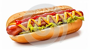 Delicious hot dog with ketchup and mustard isolated on background. Generative AI