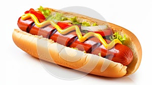 Delicious hot dog with ketchup and mustard isolated on background. Generative AI