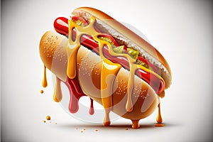 Delicious hot dog with mustard and ketchup, top view isolated on a white background. Generative AI