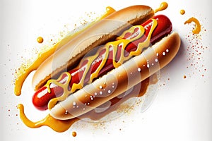Delicious hot dog with mustard and ketchup, top view isolated on a white background. Generative AI