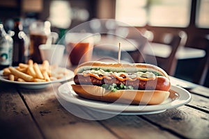 Delicious hot dog with sausage served with mustard in fresh buns in a pub, ai generative illustration