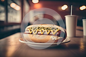Delicious hot dog with sausage served with mustard in fresh buns on table, ai generative illustration